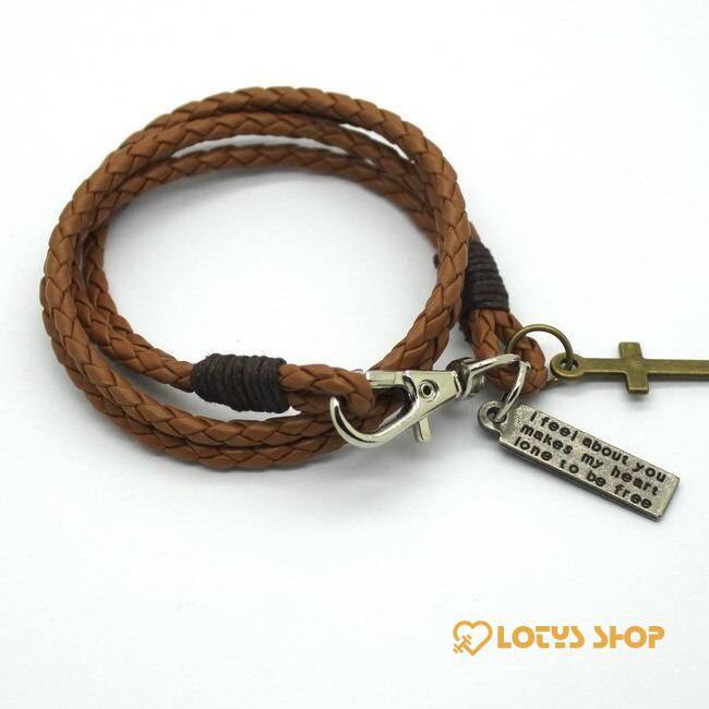 Men's Cross Charm Braided Leather Bracelet